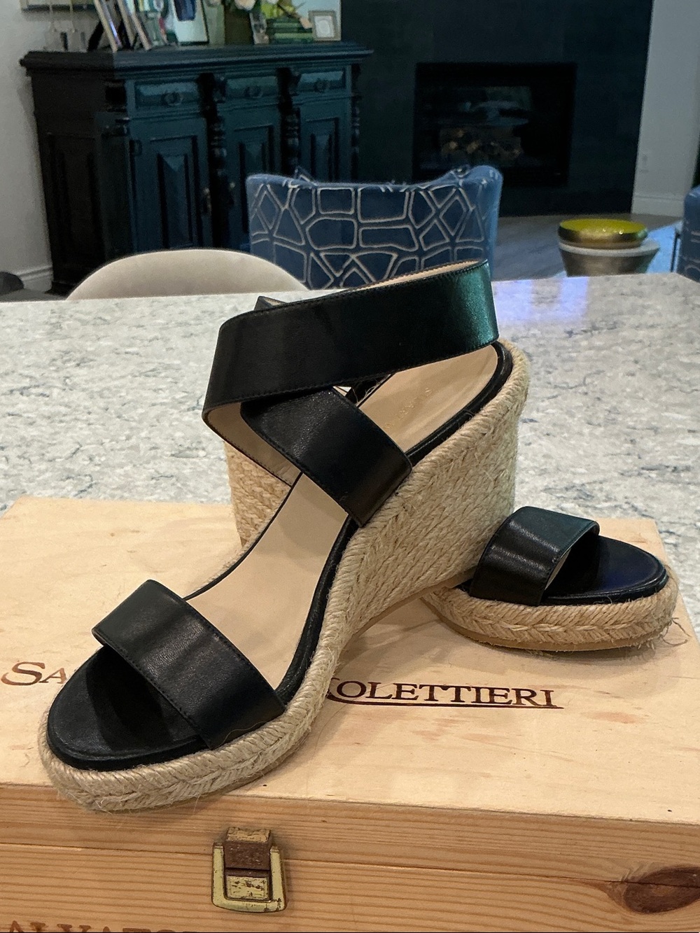 Stuart Weitzman Black Leather Espadrille Wedge Sandals - Picture 1 of 9